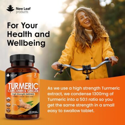 Turmeric Tablets 2600mg with Black Pepper & Ginger - 95% Curcumin Extract -180 Tablets (3 Months) High Strength Active Turmeric Supplements Not Turmeric Capsules,by New Leaf - Image 3