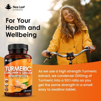 Turmeric Tablets 2600mg with Black Pepper & Ginger - 95% Curcumin Extract -180 Tablets (3 Months) High Strength Active Turmeric Supplements Not Turmeric Capsules,by New Leaf - Image 9