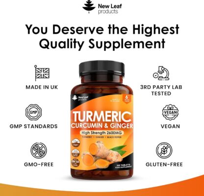 Turmeric Tablets 2600mg with Black Pepper & Ginger - 95% Curcumin Extract -180 Tablets (3 Months) High Strength Active Turmeric Supplements Not Turmeric Capsules,by New Leaf - Image 10