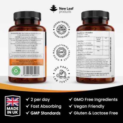 Turmeric Tablets 2600mg with Black Pepper & Ginger - 95% Curcumin Extract -180 Tablets (3 Months) High Strength Active Turmeric Supplements Not Turmeric Capsules,by New Leaf - Image 12