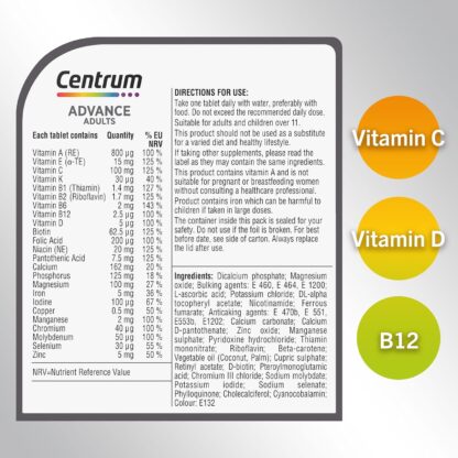 Centrum Advance Multivitamin & Mineral Supplements, 24 essential nutrients including vitamin D, C, Calcium, Daily Multivitamin Tablets, 180 (Packaging and Tablet colour may vary slightly) - Image 2