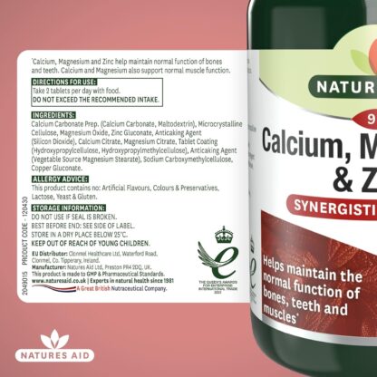 Natures Aid Calcium, Magnesium and Zinc, Maintain Normal Bones, Teeth and Muscle Function, Vegan, 90 Tablets - Image 6