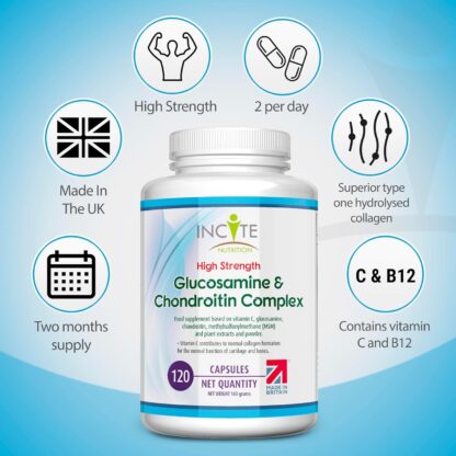 Glucosamine and Chondroitin High Strength Complex with MSM, Vitamin C, Ginger, Rosehip & Turmeric - 120 Premium Capsules Joint Care Supplements Made in The UK by Incite Nutrition - Image 3