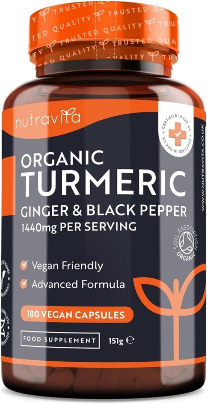 Organic Turmeric 1440mg (High Strength) with Black Pepper & Ginger - 180 Vegan Turmeric Capsules (3 Month Supply) – Organic Turmeric with Active Ingredient Curcumin - Made in The UK by Nutravita