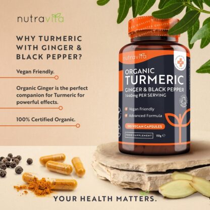 Organic Turmeric 1440mg (High Strength) with Black Pepper & Ginger - 180 Vegan Turmeric Capsules (3 Month Supply) – Organic Turmeric with Active Ingredient Curcumin - Made in The UK by Nutravita - Image 2