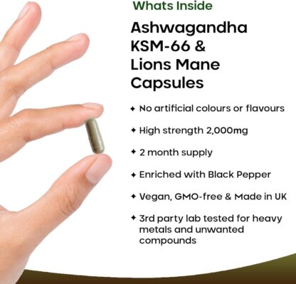 Ashwagandha KSM-66 and Lions Mane Capsules - High Strength 2000mg KSM-66 Ashwaghandha Root Extract and Lions Mane Mushroom Extract - 120 Vegan Capsules with Black Pepper - UK Made by New Leaf - Image 2