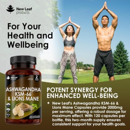 Ashwagandha KSM-66 and Lions Mane Capsules - High Strength 2000mg KSM-66 Ashwaghandha Root Extract and Lions Mane Mushroom Extract - 120 Vegan Capsules with Black Pepper - UK Made by New Leaf - Image 3