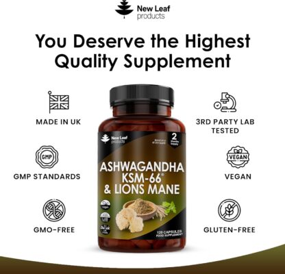 Ashwagandha KSM-66 and Lions Mane Capsules - High Strength 2000mg KSM-66 Ashwaghandha Root Extract and Lions Mane Mushroom Extract - 120 Vegan Capsules with Black Pepper - UK Made by New Leaf - Image 4