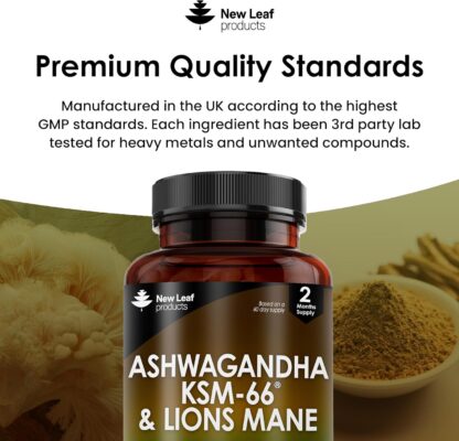 Ashwagandha KSM-66 and Lions Mane Capsules - High Strength 2000mg KSM-66 Ashwaghandha Root Extract and Lions Mane Mushroom Extract - 120 Vegan Capsules with Black Pepper - UK Made by New Leaf - Image 5