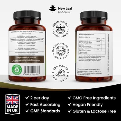 Ashwagandha KSM-66 and Lions Mane Capsules - High Strength 2000mg KSM-66 Ashwaghandha Root Extract and Lions Mane Mushroom Extract - 120 Vegan Capsules with Black Pepper - UK Made by New Leaf - Image 7