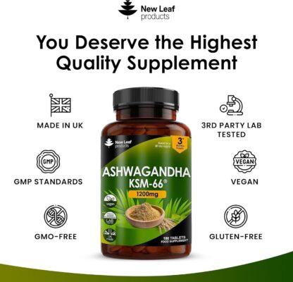 Ashwagandha KSM-66 and Lions Mane Capsules - High Strength 2000mg KSM-66 Ashwaghandha Root Extract and Lions Mane Mushroom Extract - 120 Vegan Capsules with Black Pepper - UK Made by New Leaf - Image 11