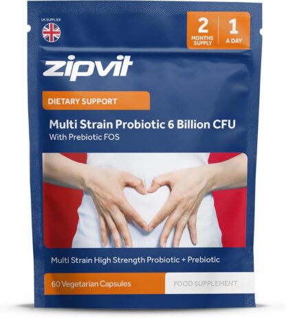 Zipvit Probiotic 6 Billion CFU with Prebiotic, Multi Strain Probiotics for Gut Health, 5 Strains Including Lactobacillus Acidophilus, 60 Vegetarian Capsules for Women & Men, 2 Month Supply