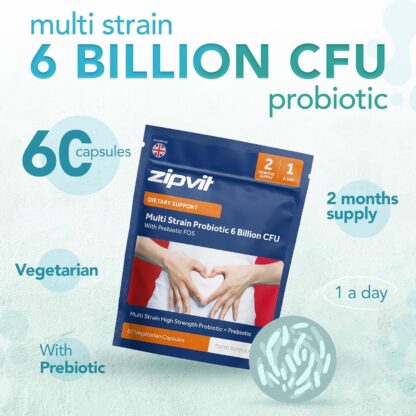 Zipvit Probiotic 6 Billion CFU with Prebiotic, Multi Strain Probiotics for Gut Health, 5 Strains Including Lactobacillus Acidophilus, 60 Vegetarian Capsules for Women & Men, 2 Month Supply - Image 2