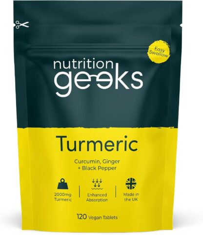 Nutrition Geeks Turmeric Tablets 2000 mg with Black Pepper & Ginger, High Strength Curcumin Supplements, Vegan and Gluten Free, UK Made, 120 Count