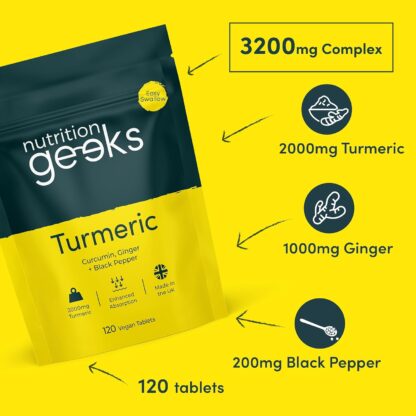 Nutrition Geeks Turmeric Tablets 2000 mg with Black Pepper & Ginger, High Strength Curcumin Supplements, Vegan and Gluten Free, UK Made, 120 Count - Image 5