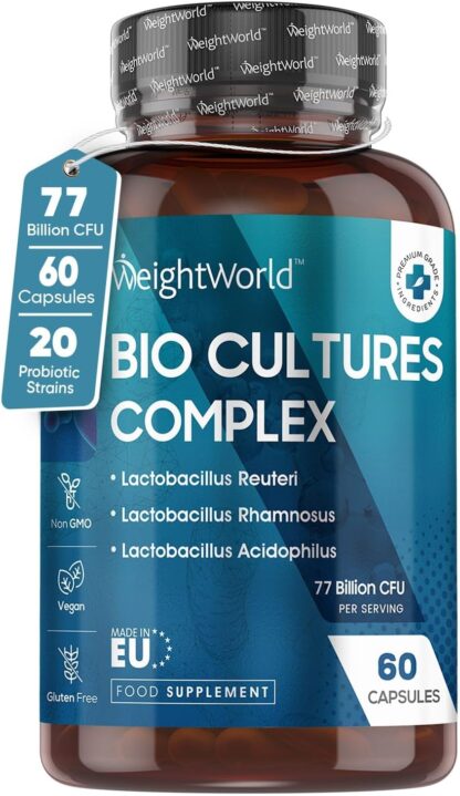 Bio Cultures Complex Probiotics and Prebiotics - 77 Billion CFU - 20 Live Bacterial Cultures - 60 Probiotic Complex Capsules for Women & Men - Lactobacillus Acidophilus, Gasseri, Rhamnosus & Reuteri