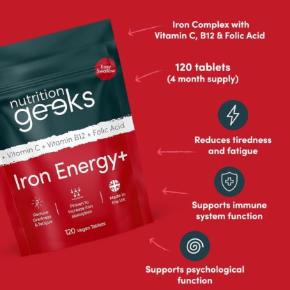 Iron Tablets High Strength Tablets with Vitamin C, B12 & Folic Acid - 120 Vegan Supplements for Women and Men - 14mg Iron Vitamin for Enhanced Energy Support & Increased Absorption | UK - Image 3