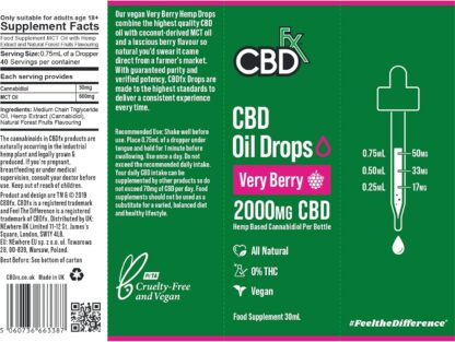 CBDfx 2000mg CBD Oil, High Strength CBD Oil, Very Berry Flavoured CBD Oil Drops, Vegan, Natural, Non-GMO, Blended with MCT Oil, No THC, 30ml (40 Days) - Image 8