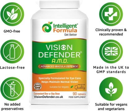 AREDS2 VISION DEFENDER AMD Supplement: Lutein, Zeaxanthin, Zinc, Vitamin E – AREDS 2 Eye Vitamins, Minerals, Nutrients for Eyes. 3 Months Supply (90 tablets) One-A-Day Vegan Eye Supplement. Made in UK - Image 5