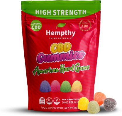 Hempthy CBD Gummies High Strength 1000mg CBD Edibles for Pain Relief & Better Sleep, THC-Free, High Strength CBD Gummy for Anxiety Relief for Adults (American Hard Gums)