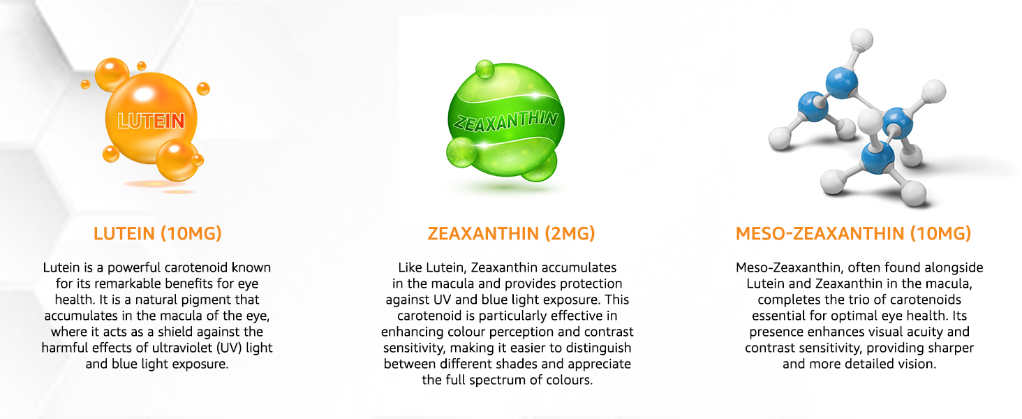 Combat oxidative damage to the macula cells with Lutein, Zeaxanthin, and Meso-Zeaxanthin.