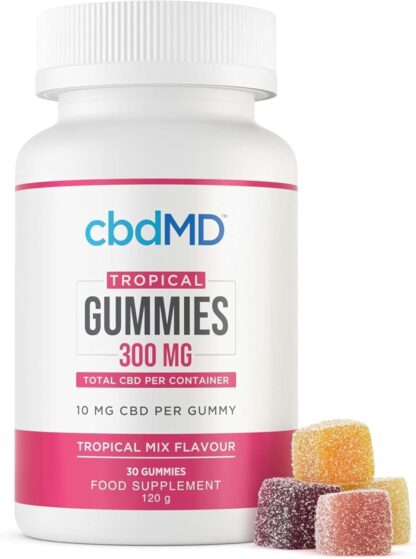 cbdMD Tropical Gummies 300mg - CBD Gummies, High Strength Gummy, Infused with Broad-Spectrum Hemp Extract, No THC, Tropical Mix Flavour, 30 Count