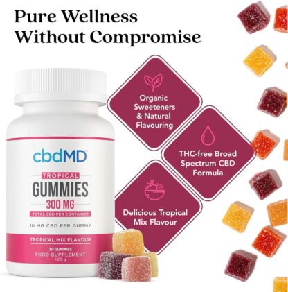 cbdMD Tropical Gummies 300mg - CBD Gummies, High Strength Gummy, Infused with Broad-Spectrum Hemp Extract, No THC, Tropical Mix Flavour, 30 Count - Image 2