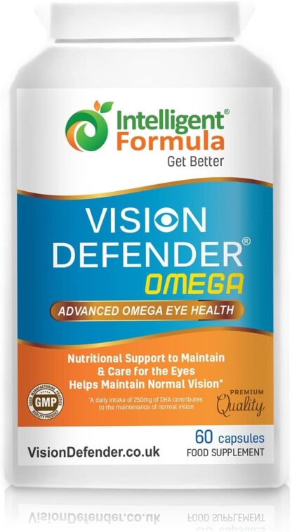 VISION DEFENDER OMEGA Eye Supplement - High Strength 1000mg Pure Omega-3 Fatty Acids Fish Oil (400mg EPA, 200mg DHA per capsule) + Vitamin E - Eye Care & Relief for Dry Eyes - (60 Softgels) Made in UK