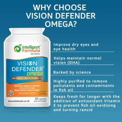 VISION DEFENDER OMEGA Eye Supplement - High Strength 1000mg Pure Omega-3 Fatty Acids Fish Oil (400mg EPA, 200mg DHA per capsule) + Vitamin E - Eye Care & Relief for Dry Eyes - (60 Softgels) Made in UK - Image 2