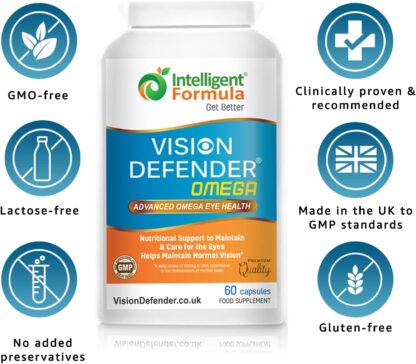 VISION DEFENDER OMEGA Eye Supplement - High Strength 1000mg Pure Omega-3 Fatty Acids Fish Oil (400mg EPA, 200mg DHA per capsule) + Vitamin E - Eye Care & Relief for Dry Eyes - (60 Softgels) Made in UK - Image 5