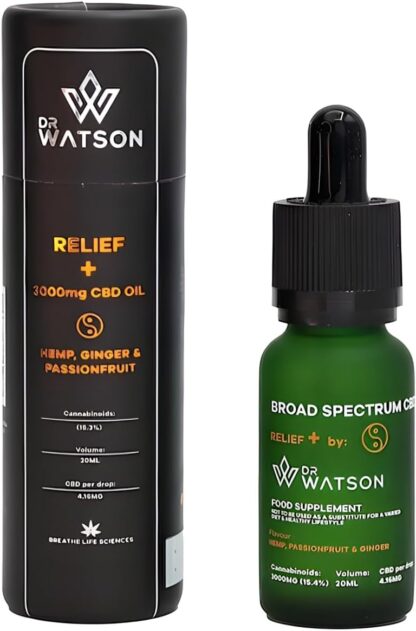 Dr Watson Relief + Plus High Strength Broad Spectrum CBD Oil Support Your Body Before During & After Exercise All Natural Hemp Passionfruit & Ginger 20ml 3000mg