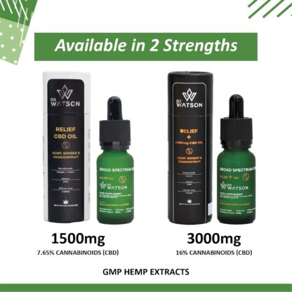 Dr Watson Relief + Plus High Strength Broad Spectrum CBD Oil Support Your Body Before During & After Exercise All Natural Hemp Passionfruit & Ginger 20ml 3000mg - Image 2